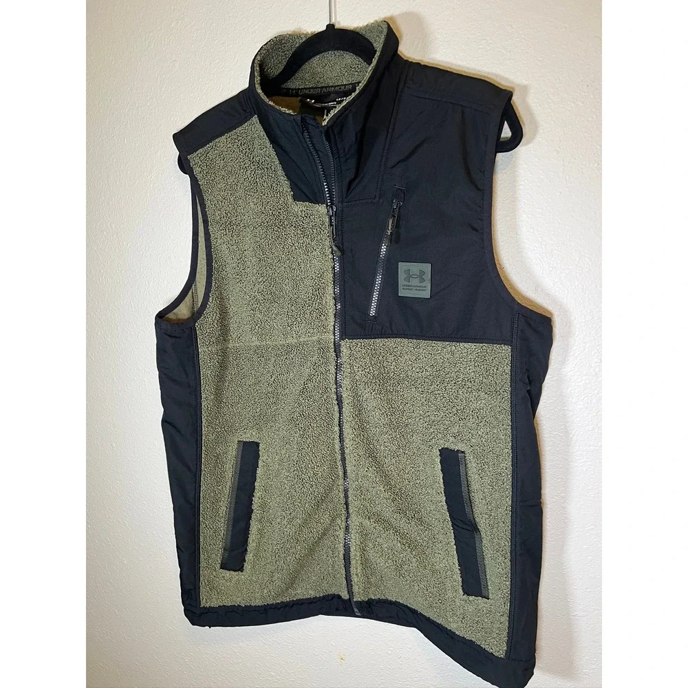 Under Armour Sherpa Fleece Vest Mens Large Green Black‎ Full Zip Ripstop Overlay